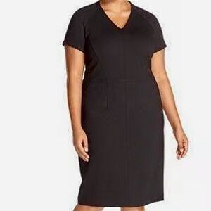 Sejour Classic Black V-Neck Ponte Short Sleeved Sheath Pencil Dress sz 16
